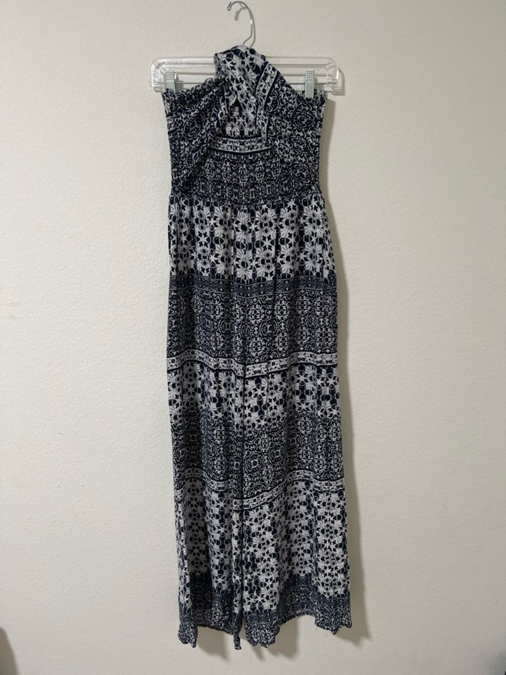 Strapless Navy and White Printed summer jumpsuit wideleg, 100% Rayon